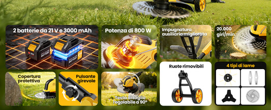 Decespugliatore a Batteria, 30CM Tagliaerba a Batteria con 2 Batterie da 3.0AH,Tagliaerba Elettrico con Ruota,Motore Senza Spazzole 800W,4 Tipi di Lamelle per Taglio Di Giardini, Prati,Arbusti : Amazo