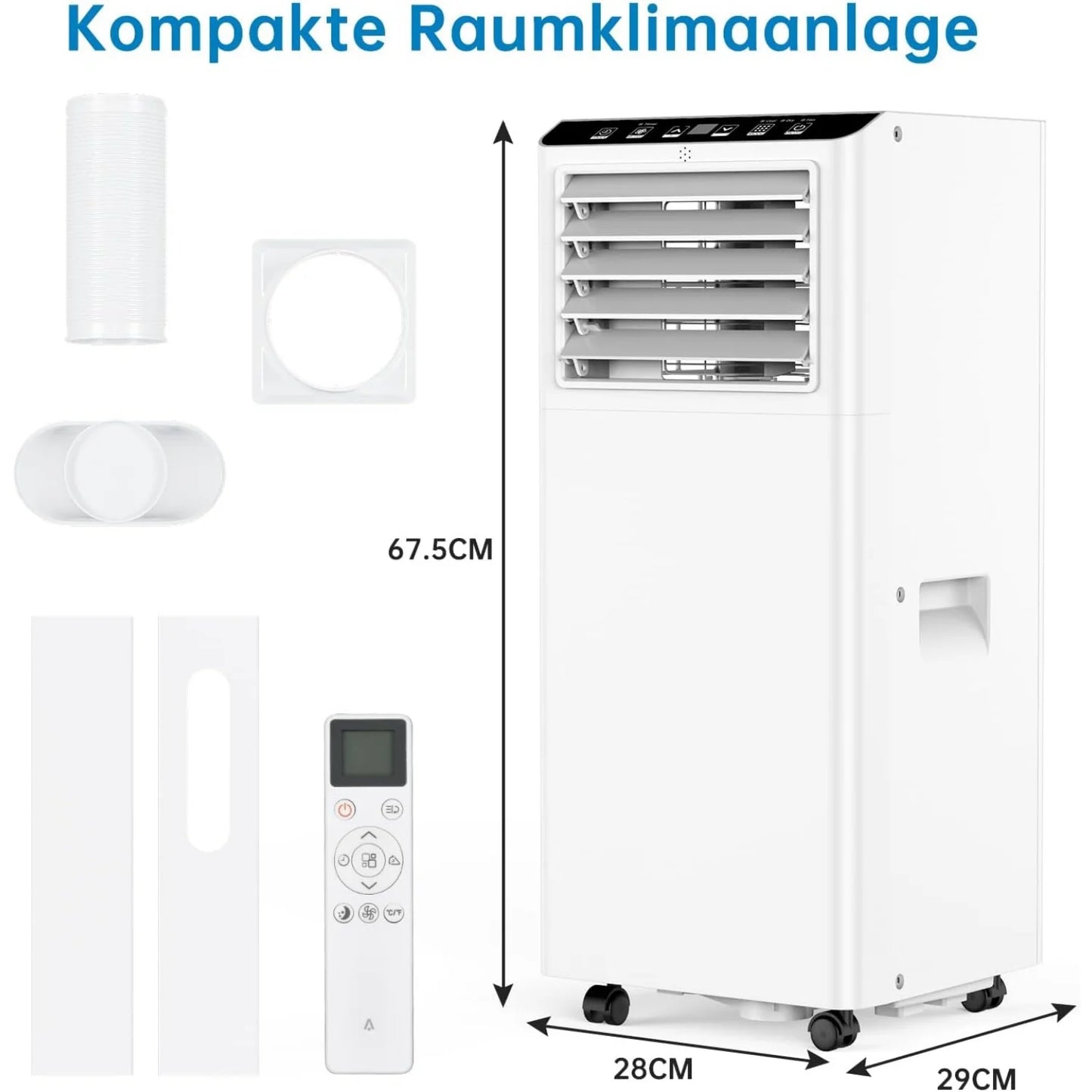Mobile air conditioner 9000 BTU - 3-in-1 portable air conditioner: cooling, dehumidifying, 2 fan levels-52 dB, 24H timer, window installation set, R290