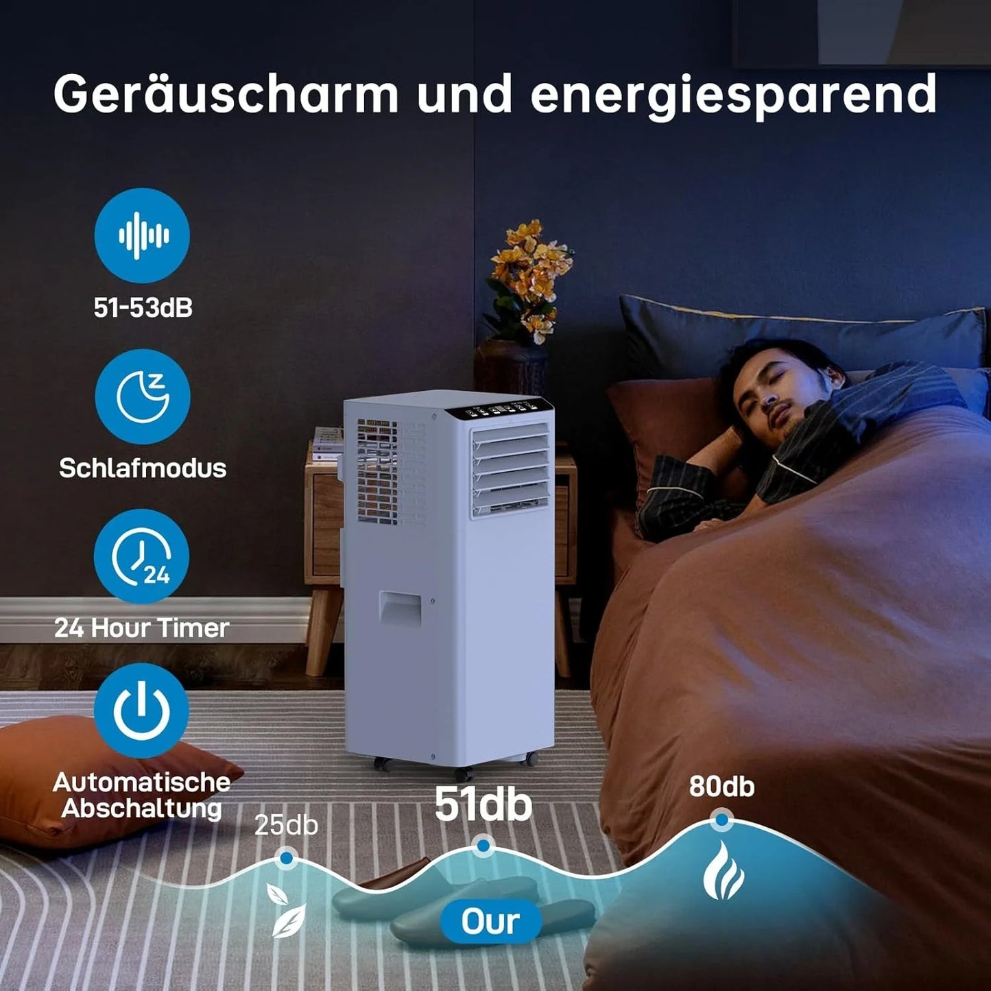 Mobile air conditioner 9000 BTU - 3-in-1 portable air conditioner: cooling, dehumidifying, 2 fan levels-52 dB, 24H timer, window installation set, R290
