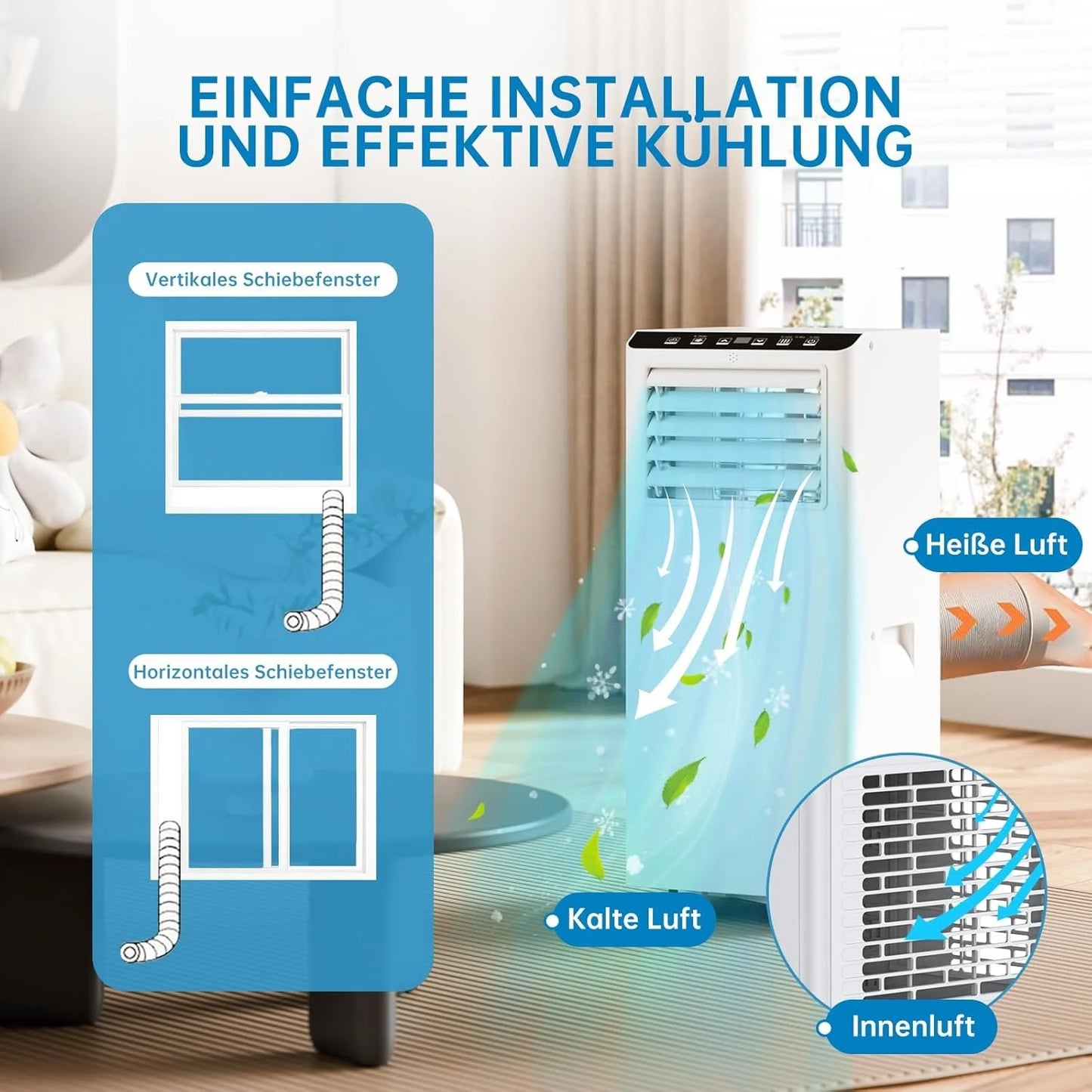 Mobile air conditioner 9000 BTU - 3-in-1 portable air conditioner: cooling, dehumidifying, 2 fan levels-52 dB, 24H timer, window installation set, R290