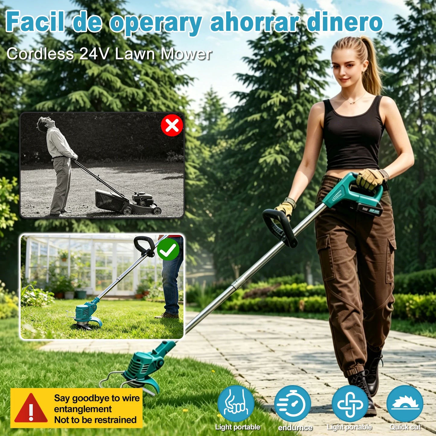 21V Cordless Lawn Mower 3-Fold Detachable Grass Trimmer 90° Adjustable Head Weed Eater for Yard Garden