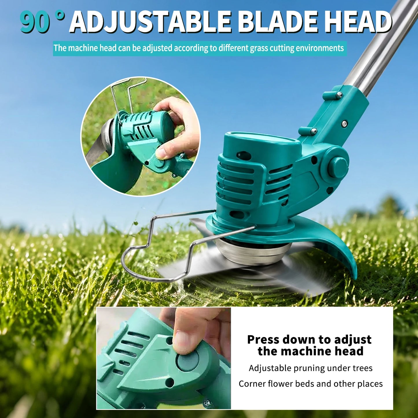 21V Cordless Lawn Mower 3-Fold Detachable Grass Trimmer 90° Adjustable Head Weed Eater for Yard Garden